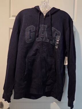 GAP Men's Dark Navy Zip-Up Hoodie with Lettering Large Nwt